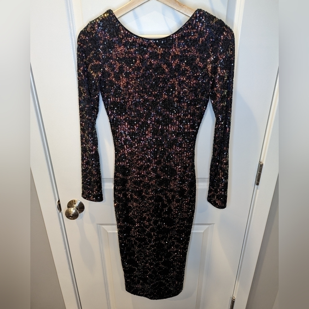 Dress the Population Multicolor Sequin Long Sleeve Bodycon Midi Dress